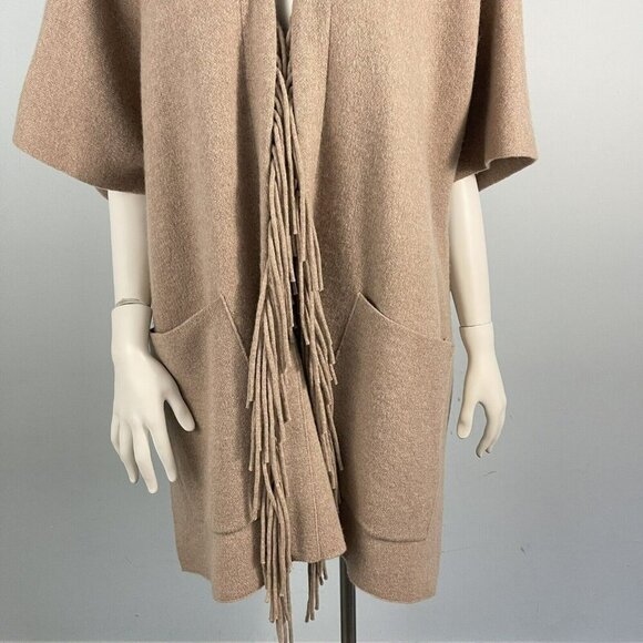 Mitchie's 100%Wool Hooded Poncho Cape Fox Fur Trim Beige Tan Coat - Picture 4 of 16